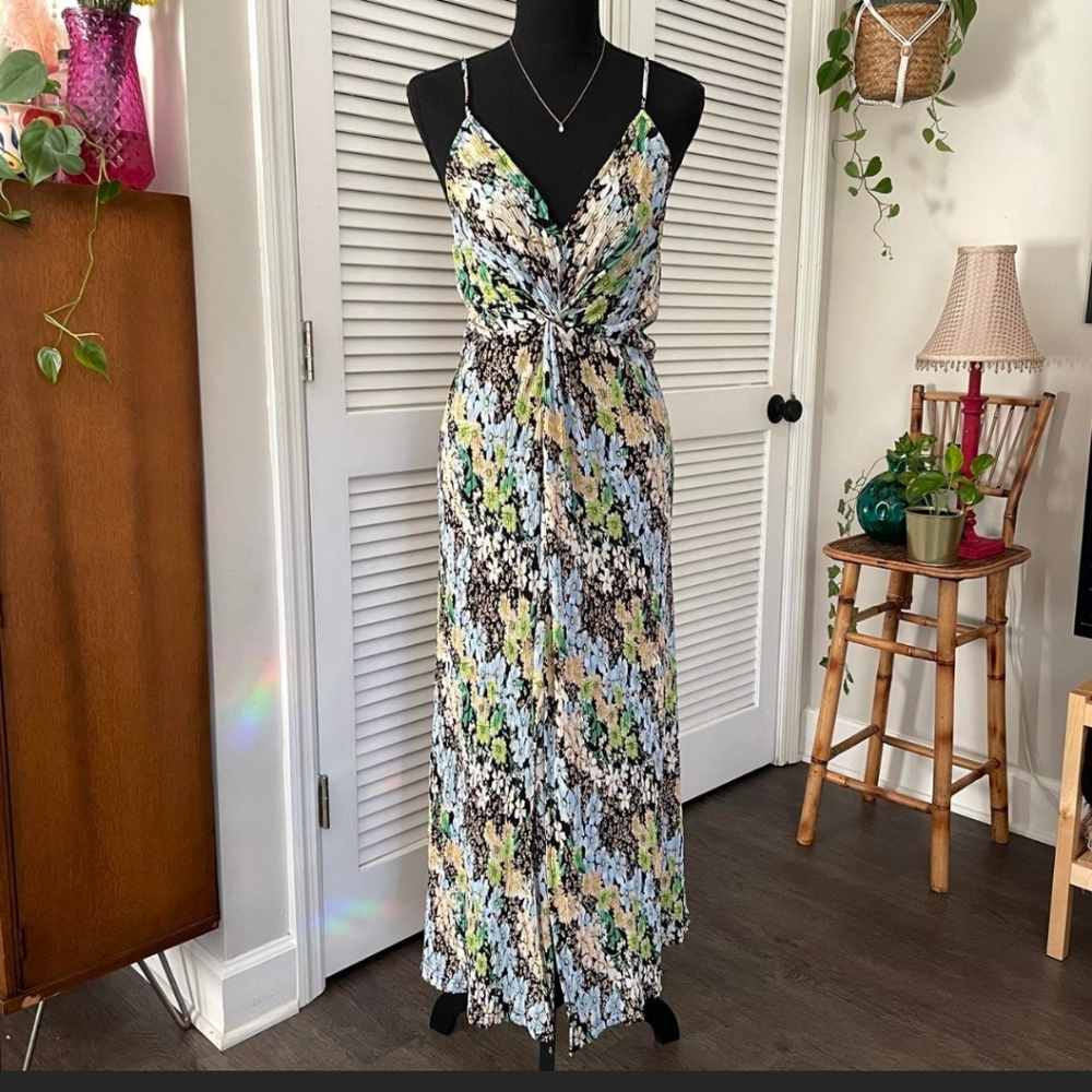 Mango Solis Floral Crinkle Midi Dress Large 8/10 Boho Cottagecore Resort Chic